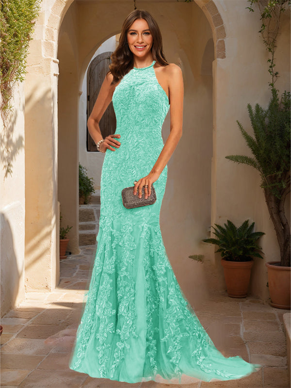 Trumpet/Mermaid Halter Sleeveless Applique Prom Dresses