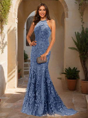 Trumpet/Mermaid Halter Sleeveless Applique Prom Dresses