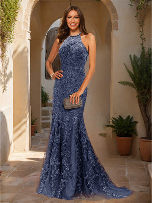 Trumpet/Mermaid Halter Sleeveless Applique Prom Dresses
