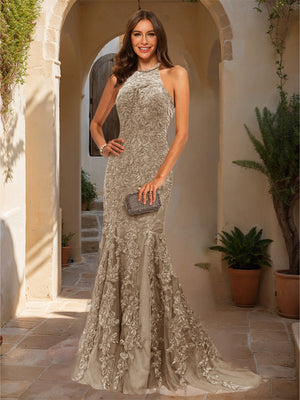 Trumpet/Mermaid Halter Sleeveless Applique Prom Dresses