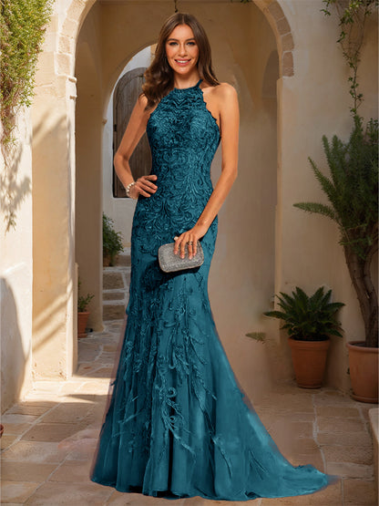 Trumpet/Mermaid Halter Sleeveless Applique Prom Dresses