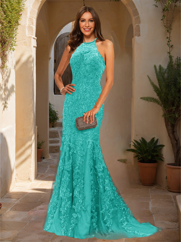 Trumpet/Mermaid Halter Sleeveless Applique Prom Dresses