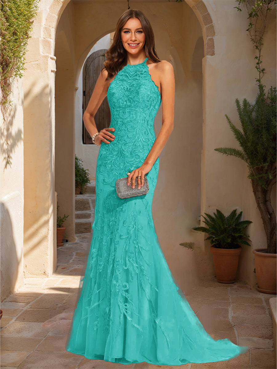 Trumpet/Mermaid Halter Sleeveless Applique Prom Dresses