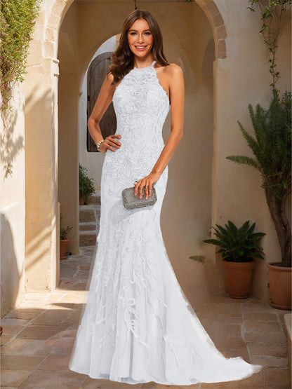 Trumpet/Mermaid Halter Sleeveless Applique Prom Dresses