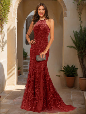 Trumpet/Mermaid Halter Sleeveless Applique Prom Dresses