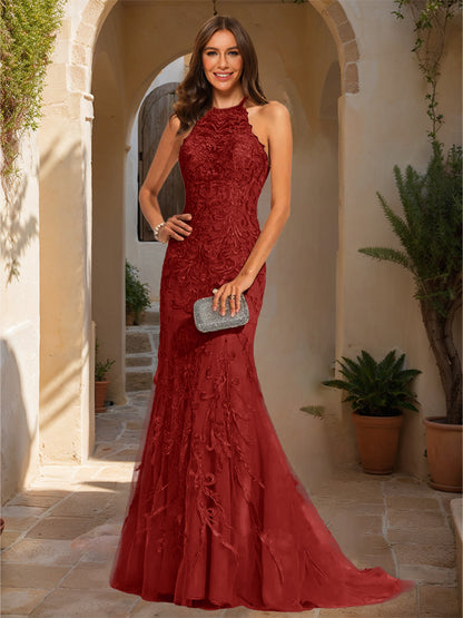 Trumpet/Mermaid Halter Sleeveless Applique Prom Dresses