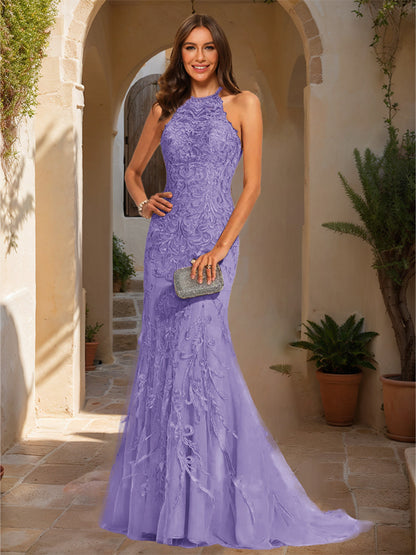 Trumpet/Mermaid Halter Sleeveless Applique Prom Dresses