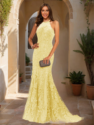 Trumpet/Mermaid Halter Sleeveless Applique Prom Dresses
