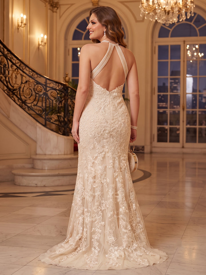 Trumpet/Mermaid Halter Sleeveless Floor-Length Plus Size Evening Dresses with Appliques &amp; Beading