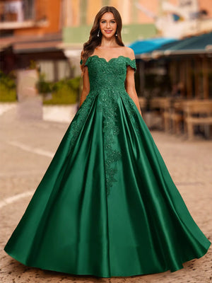 Ball Gown Off-the-Shoulder Short Sleeves Sequins Prom Dresses