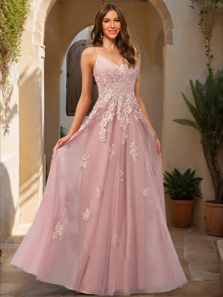 Prom Dresses Blush Pink for Women Elegant Appliques A-Line V-Neck Spaghetti Straps Sleeveless Long Tulle Evening Party Gowns