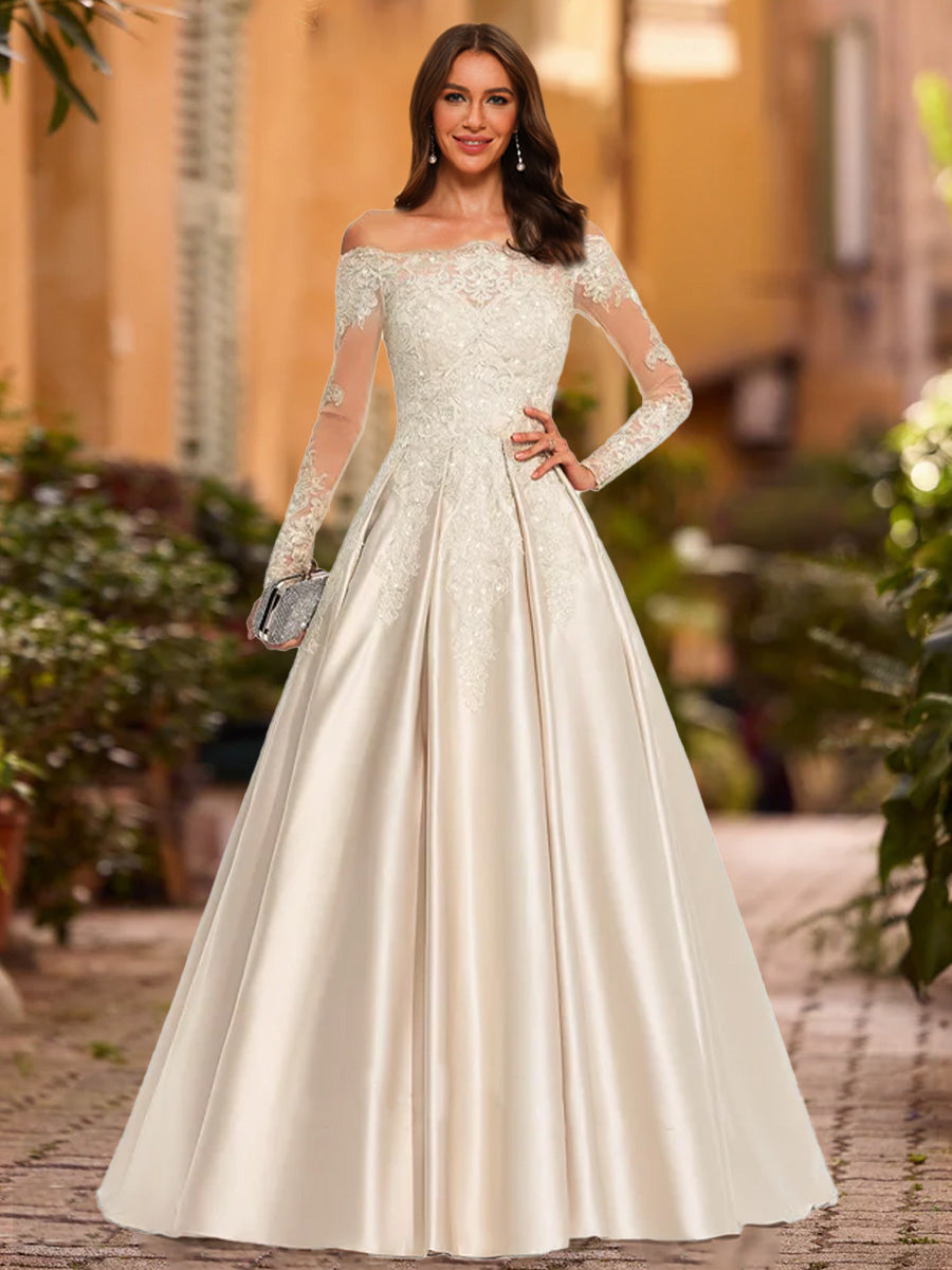 A-Line/Princess Off-the-Shoulder Long Sleeves Sequins Wedding Dressses