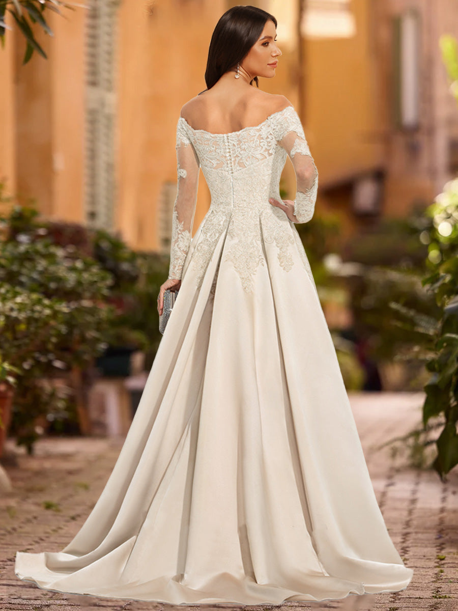 A-Line/Princess Off-the-Shoulder Long Sleeves Sequins Wedding Dressses