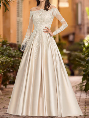 A-Line/Princess Off-the-Shoulder Long Sleeves Sequins Wedding Dressses