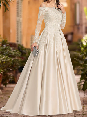 A-Line/Princess Off-the-Shoulder Long Sleeves Sequins Wedding Dressses