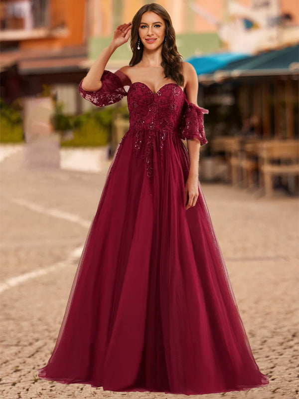 Ball Gown Sweetheart Half Sleeves Sequins Prom Dresses