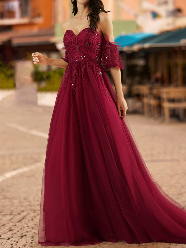 Ball Gown Sweetheart Half Sleeves Sequins Prom Dresses
