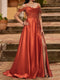 A-Line/Princess Cold Shoulder Short Sleeves Rhinestone Prom Dresses