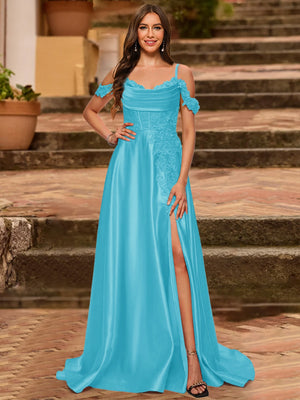 A-Line/Princess Cold Shoulder Short Sleeves Rhinestone Prom Dresses