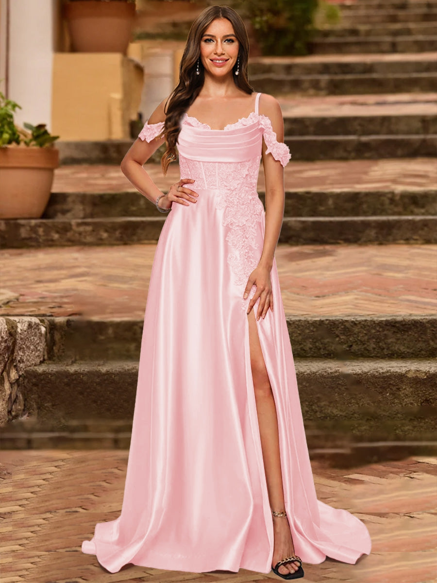 A-Line/Princess Cold Shoulder Short Sleeves Rhinestone Prom Dresses
