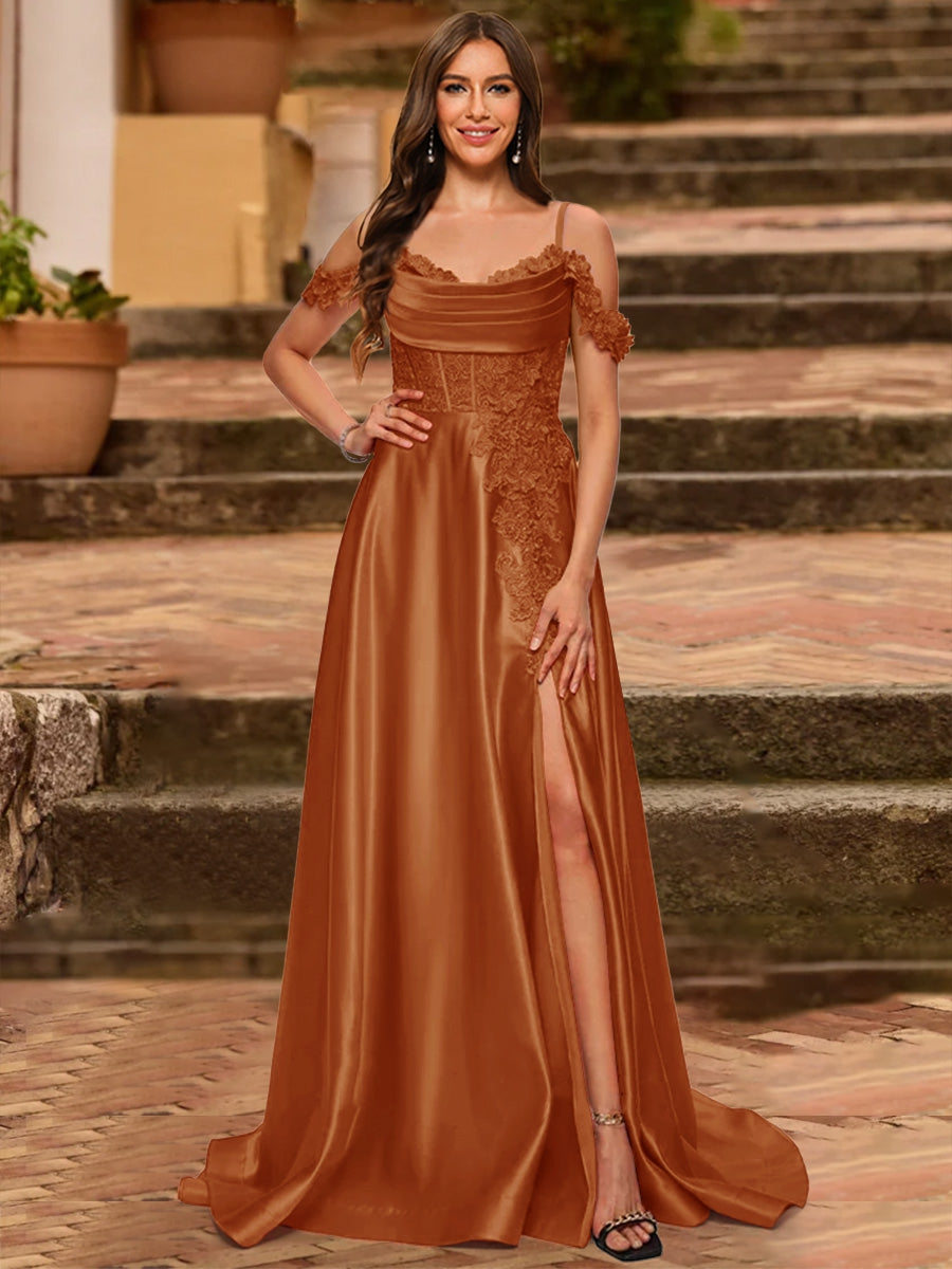 A-Line/Princess Cold Shoulder Short Sleeves Rhinestone Prom Dresses