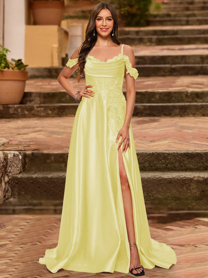 A-Line/Princess Cold Shoulder Short Sleeves Rhinestone Prom Dresses