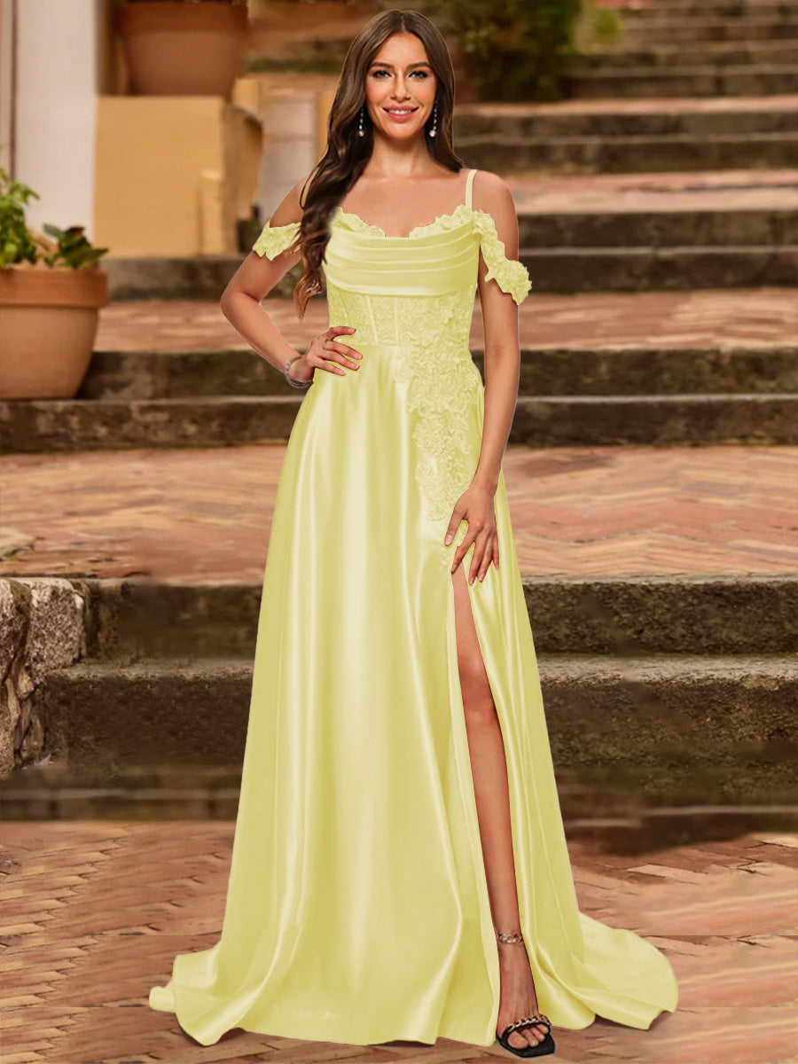 A-Line/Princess Cold Shoulder Short Sleeves Rhinestone Prom Dresses