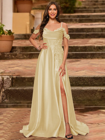 A-Line/Princess Cold Shoulder Short Sleeves Rhinestone Prom Dresses