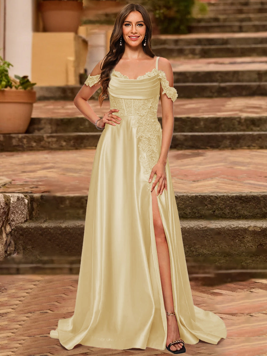 A-Line/Princess Cold Shoulder Short Sleeves Rhinestone Prom Dresses