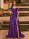 A-Line/Princess Cold Shoulder Short Sleeves Rhinestone Prom Dresses