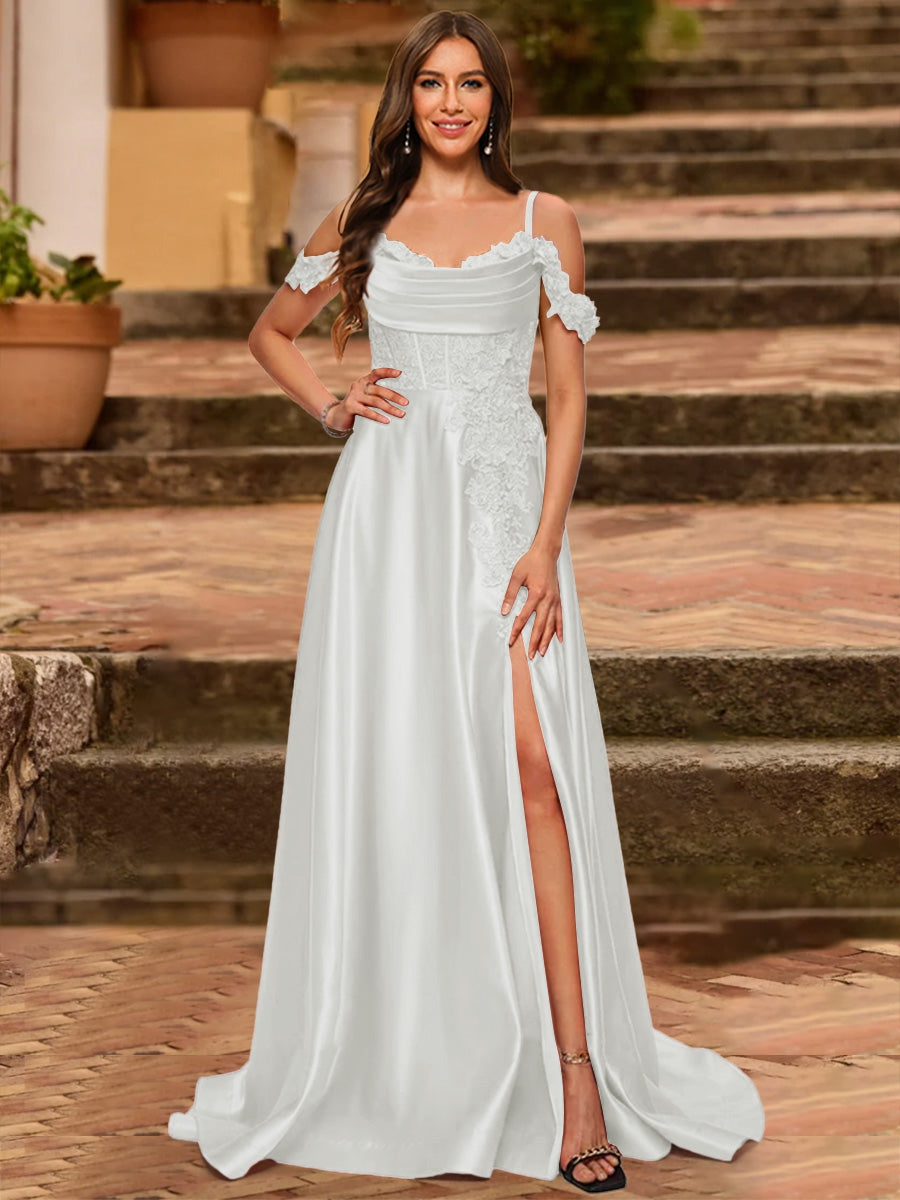 A-Line/Princess Cold Shoulder Short Sleeves Rhinestone Prom Dresses