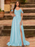 A-Line/Princess Cold Shoulder Short Sleeves Rhinestone Prom Dresses