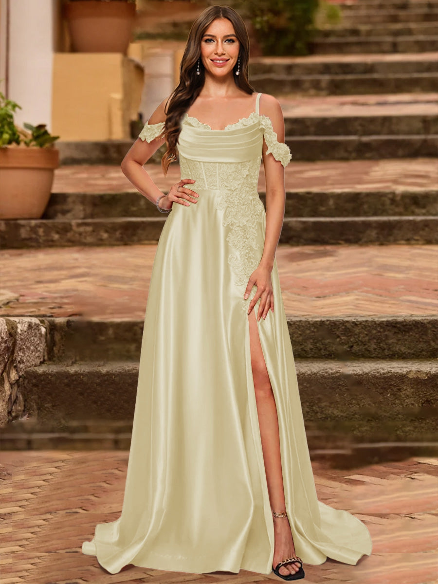 A-Line/Princess Cold Shoulder Short Sleeves Rhinestone Prom Dresses