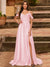 A-Line/Princess Cold Shoulder Short Sleeves Rhinestone Prom Dresses