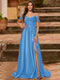 A-Line/Princess Cold Shoulder Short Sleeves Rhinestone Prom Dresses