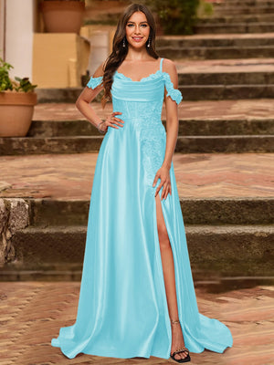 A-Line/Princess Cold Shoulder Short Sleeves Rhinestone Prom Dresses