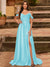 A-Line/Princess Cold Shoulder Short Sleeves Rhinestone Prom Dresses