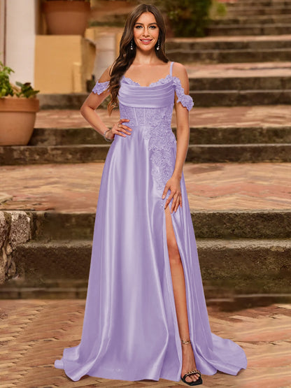 A-Line/Princess Cold Shoulder Short Sleeves Rhinestone Prom Dresses