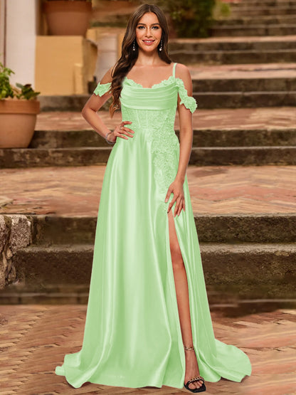 A-Line/Princess Cold Shoulder Short Sleeves Rhinestone Prom Dresses