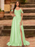 A-Line/Princess Cold Shoulder Short Sleeves Rhinestone Prom Dresses