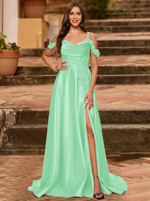 A-Line/Princess Cold Shoulder Short Sleeves Rhinestone Prom Dresses