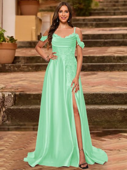 A-Line/Princess Cold Shoulder Short Sleeves Rhinestone Prom Dresses