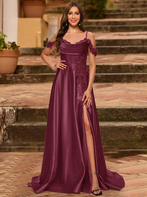 A-Line/Princess Cold Shoulder Short Sleeves Rhinestone Prom Dresses