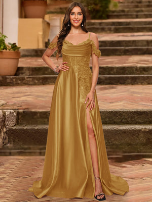 A-Line/Princess Cold Shoulder Short Sleeves Rhinestone Prom Dresses