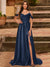 A-Line/Princess Cold Shoulder Short Sleeves Rhinestone Prom Dresses