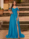A-Line/Princess Cold Shoulder Short Sleeves Rhinestone Prom Dresses