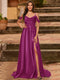 A-Line/Princess Cold Shoulder Short Sleeves Rhinestone Prom Dresses