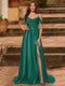 A-Line/Princess Cold Shoulder Short Sleeves Rhinestone Prom Dresses