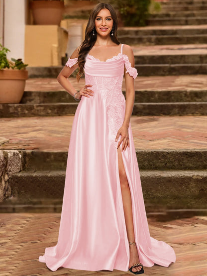 A-Line/Princess Cold Shoulder Short Sleeves Rhinestone Prom Dresses