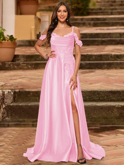 A-Line/Princess Cold Shoulder Short Sleeves Rhinestone Prom Dresses
